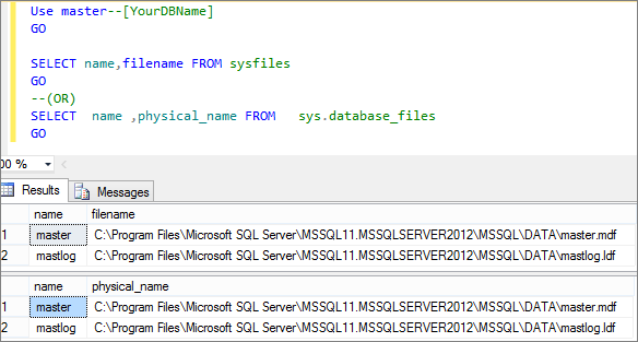 find database mdf and ldf locations using T-SQL